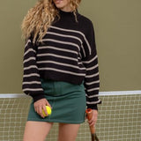 Black + Mocha Stripe Mock Neck Rib Sweater