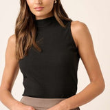 Rib Knit Cut Ege Mock Neck Sleeveless Tank