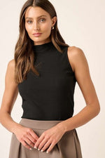 Rib Knit Cut Ege Mock Neck Sleeveless Tank