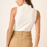 Rib Knit Cut Ege Mock Neck Sleeveless Tank