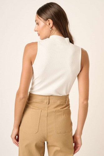 Rib Knit Cut Ege Mock Neck Sleeveless Tank