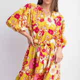 Yellow + Pink Floral Printed Dress with Waist Tie