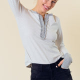 Off White + Grey Stripe Ruffle Henley Top