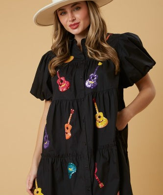 Black Cotton Sequin Guitar Button Puff Sleeve Dress – The Red Raccoon
