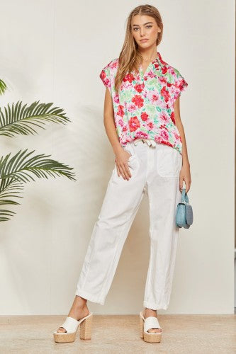 Ivory Pink Floral Button Yoke Blouse