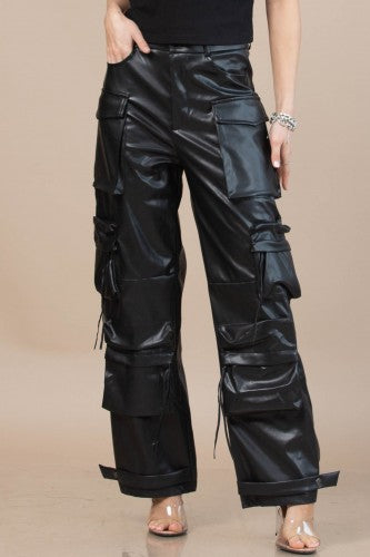 Black Faux Leather Cargo Pant