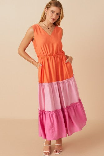 Pink + Orange Tiered Colorblock Dress