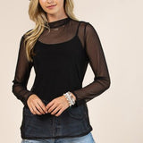 Solid Mock Neck Sheer Mesh