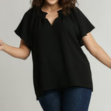 Black Split Neck Ruffle Sleeve Boxy Cut Top