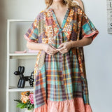 Teal Plaid Mix Print V Neck Dress