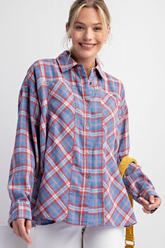 Blue & Red Mix Oversize Plaid Button Front