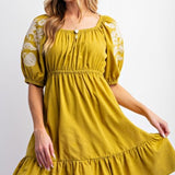 Kiwi Linen Embroidered Sleeve Dress