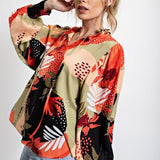 Coral Olive Abstract Challis Smock Sleeve Blouse