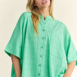 Green Rhinestone Accent Button Front Oversize Shirt