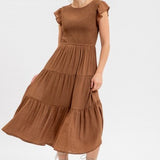 Brown Smocked Tiered Midi Dress