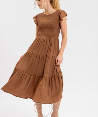Brown Smocked Tiered Midi Dress The Red Raccoon Brown Smocked Tiered Midi Dress The Red Raccoon