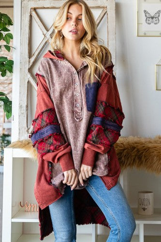 Red Clay Washed Oversize Long Hoodie
