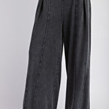Black Smock Waist Mineral Wash Terry Knit Pant
