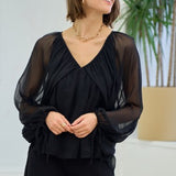 Black Shirred Blouse with Sheer Balloon Sleeve