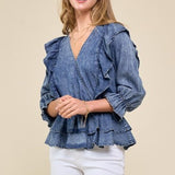 Denim Surplice Ruffle Blouse