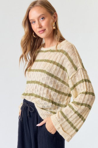 Beige Moss Rib Texture Stripe Sweater
