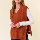 V Neck Drop Shoulder Wide Cable Sweater Vest
