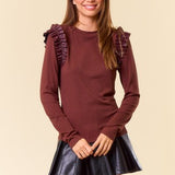 Chocolate Round Neck Ruffle Shoulder Top