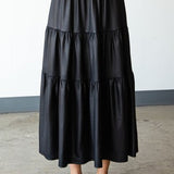 Black Faux Leather Tiered Midi Skirt