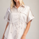 Champagne Adjustable Waist Satin Shirt Jacket