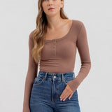 Scoop Neck L/S Henley Knit Button Top