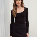 Scoop Neck L/S Henley Knit Button Top