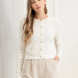 Ivory Round Neck Textured Button Down Cardigan