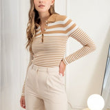 Khaki Stripe Collared Polo Sweater Knit Top