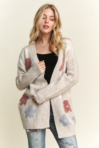 Beige Puff Floral Sweater Cardigan
