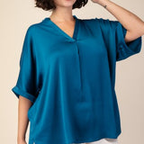 Teal V Neck Satin Band Top