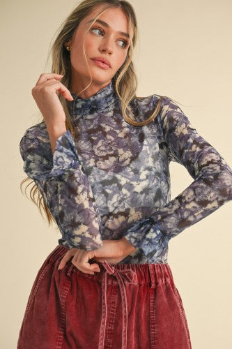 Purple Blue Floral Sheer Flutter Sleeve Mesh