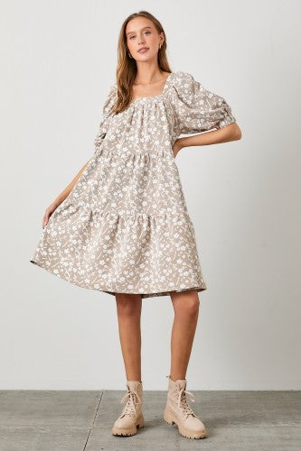 Tan Knit Jacquard Square Neck Dress