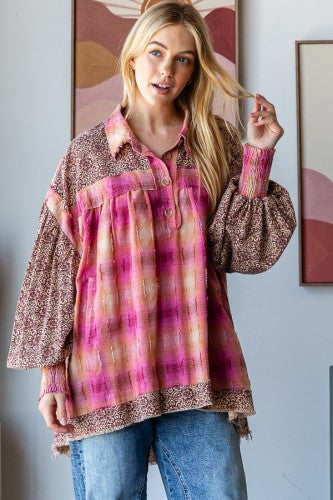 Berry Plaid + Contrast Sleeve Cotton Flannel Shirt