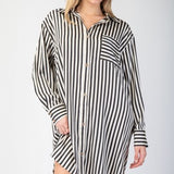 Black & White Stripe Satin Button Down Shirt Dress