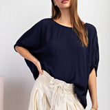 Linen Like Dolman Elastic Edge Blouse