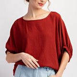 Linen Like Dolman Elastic Edge Blouse