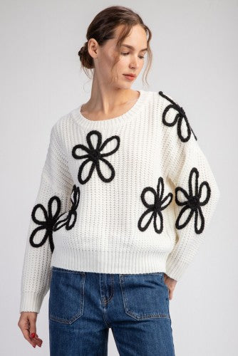 Ivory Woven Sweater with Floral Woven Applique