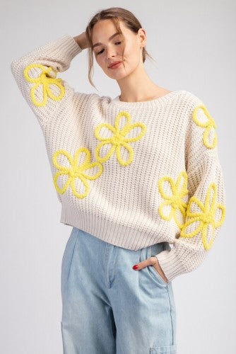 Oatmeal Woven Sweater with Yellow Floral Applique
