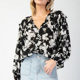 Black Floral Crinkle Chiffon V Neck Blouse