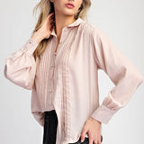 Satin Like Button Down Pintuck Blouse