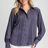 Satin Like Button Down Pintuck Blouse