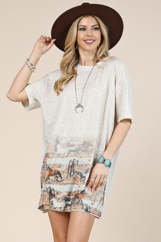 Oatmeal Horse Graphic Relaxed Shirt Dress