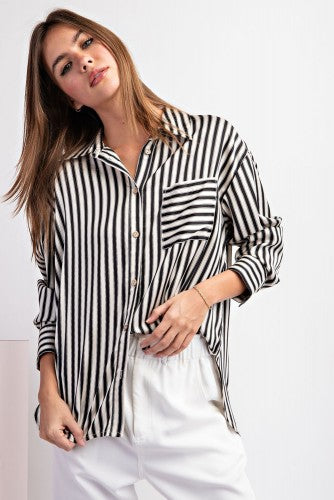 Black & White Satin Stripe Button Down Blouse with Pocket