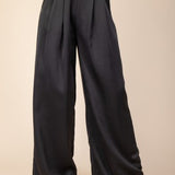 Black Satin Pleated Wide Pants