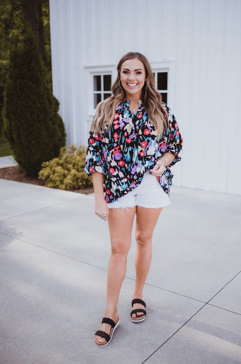 Black Watercolor Floral L/S Blouse